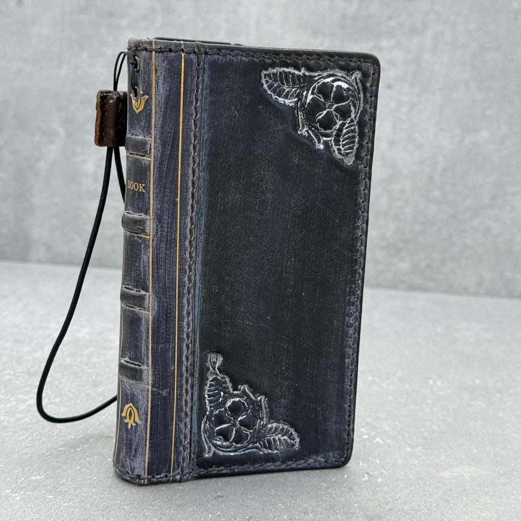 Handmade Leather Book Phone Case: Vintage Gray Blue iPhone Cover