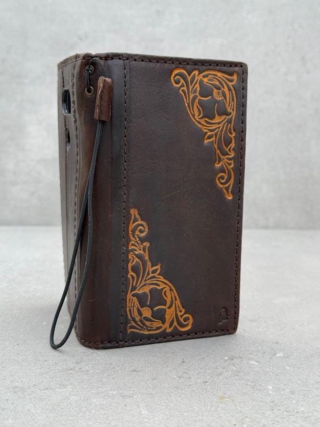 Vintage Style Leather iPhone Wallet Case: Handmade Floral Art