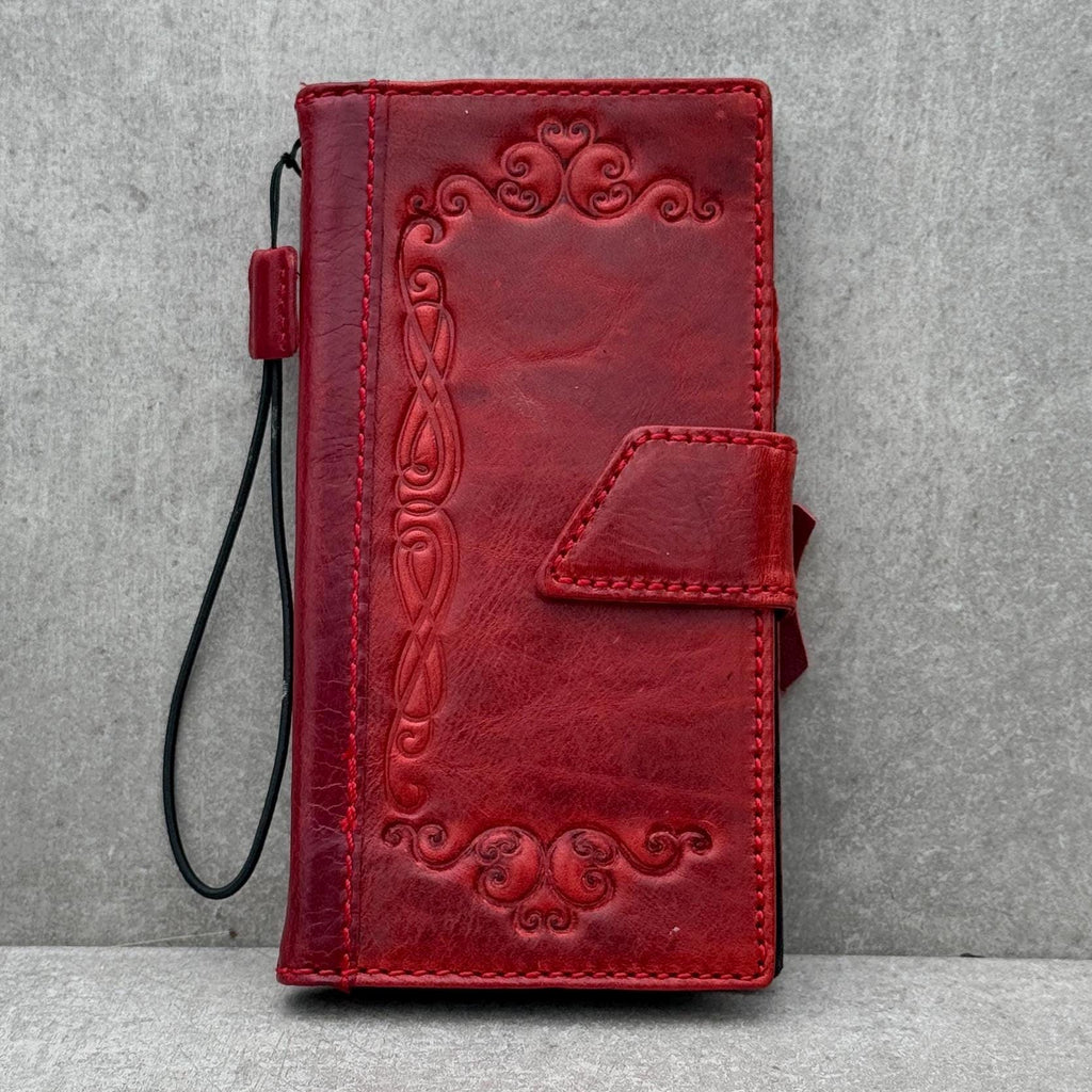 Handmade Leather Google Pixel Wallet Case: Vintage Red Art