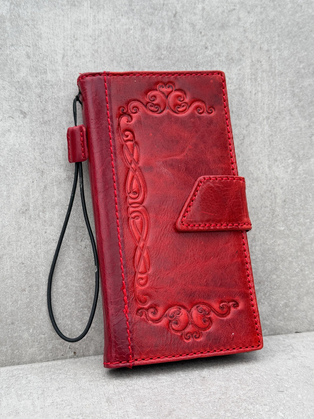 Handmade Red Leather iPhone Wallet Case: Vintage Book Design