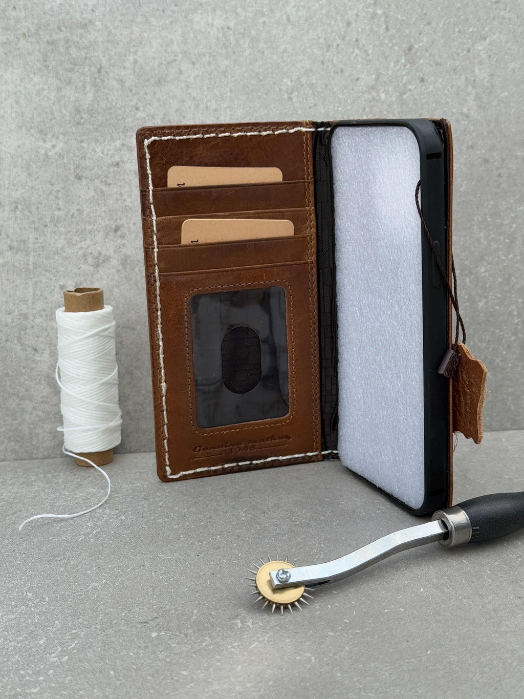 Genuine Leather iPhone Wallet Case: Vintage Book Style, Credit Card Slots