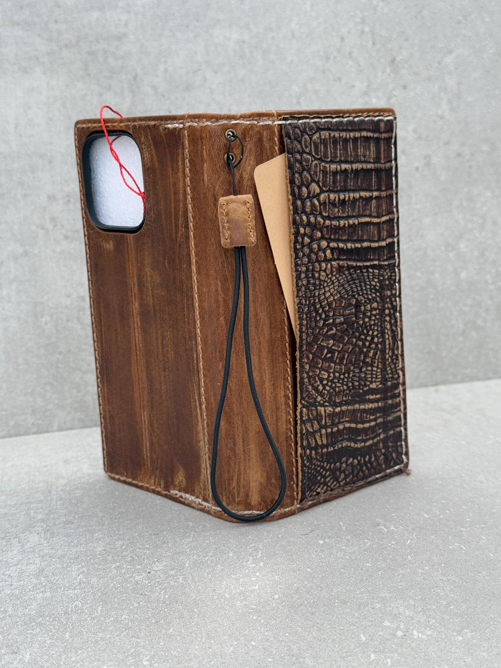 Handmade Leather iPhone Wallet Case: Crocodile Print, Card Slots