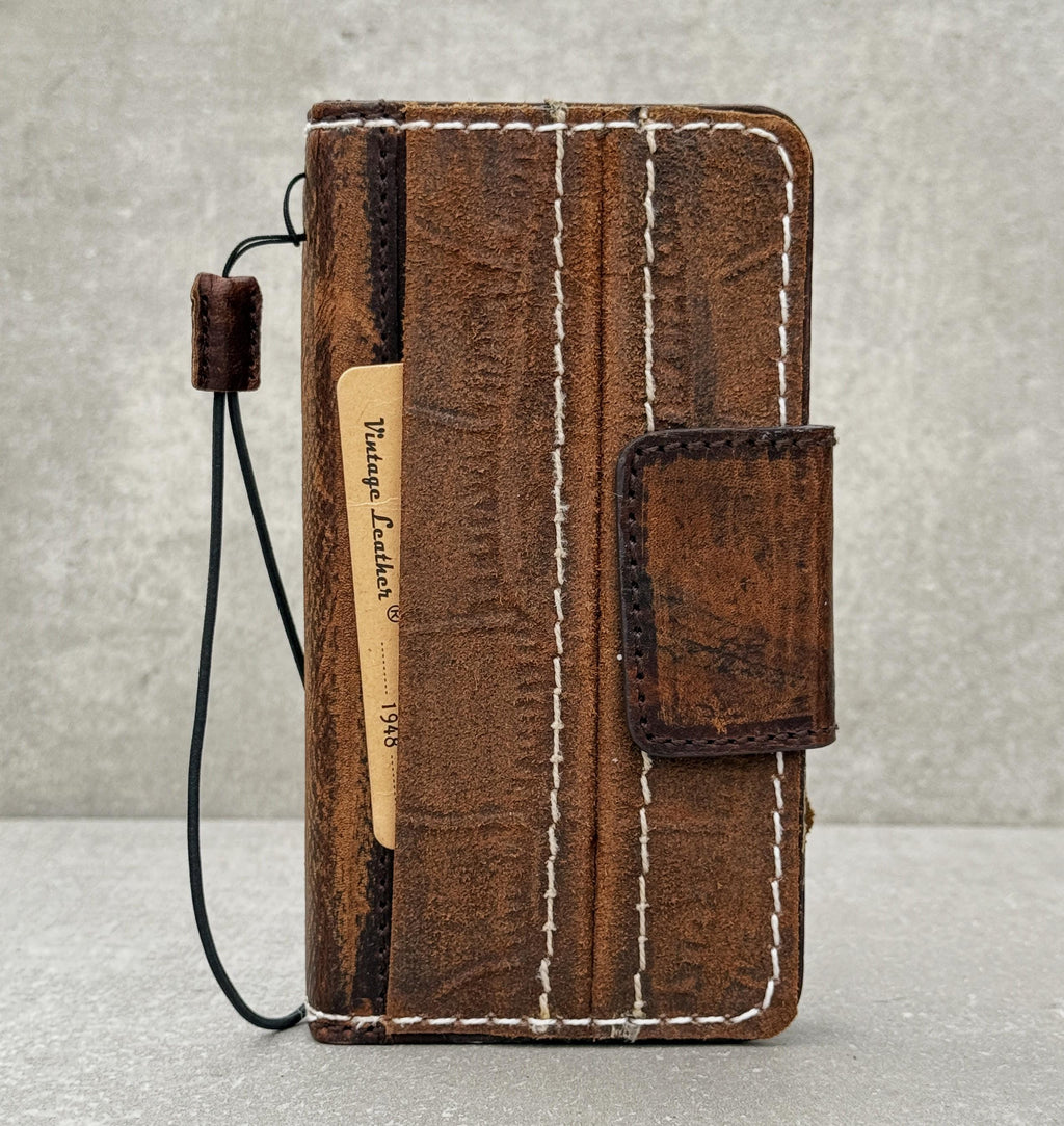 Genuine Leather iPhone Wallet Case: Vintage Book Style, Credit Card Slots