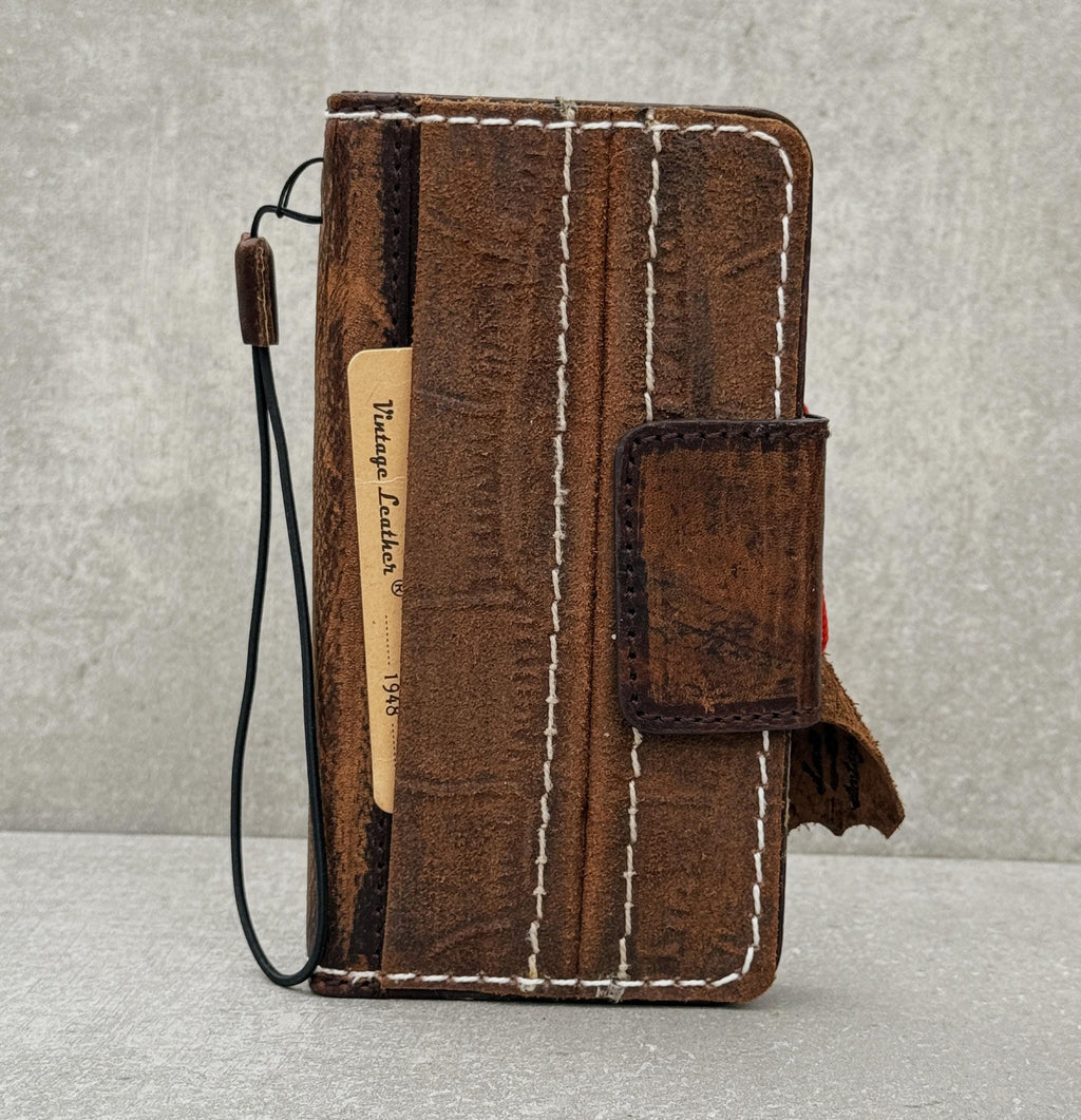 Genuine Leather iPhone Wallet Case: Vintage Book Style, Credit Card Slots