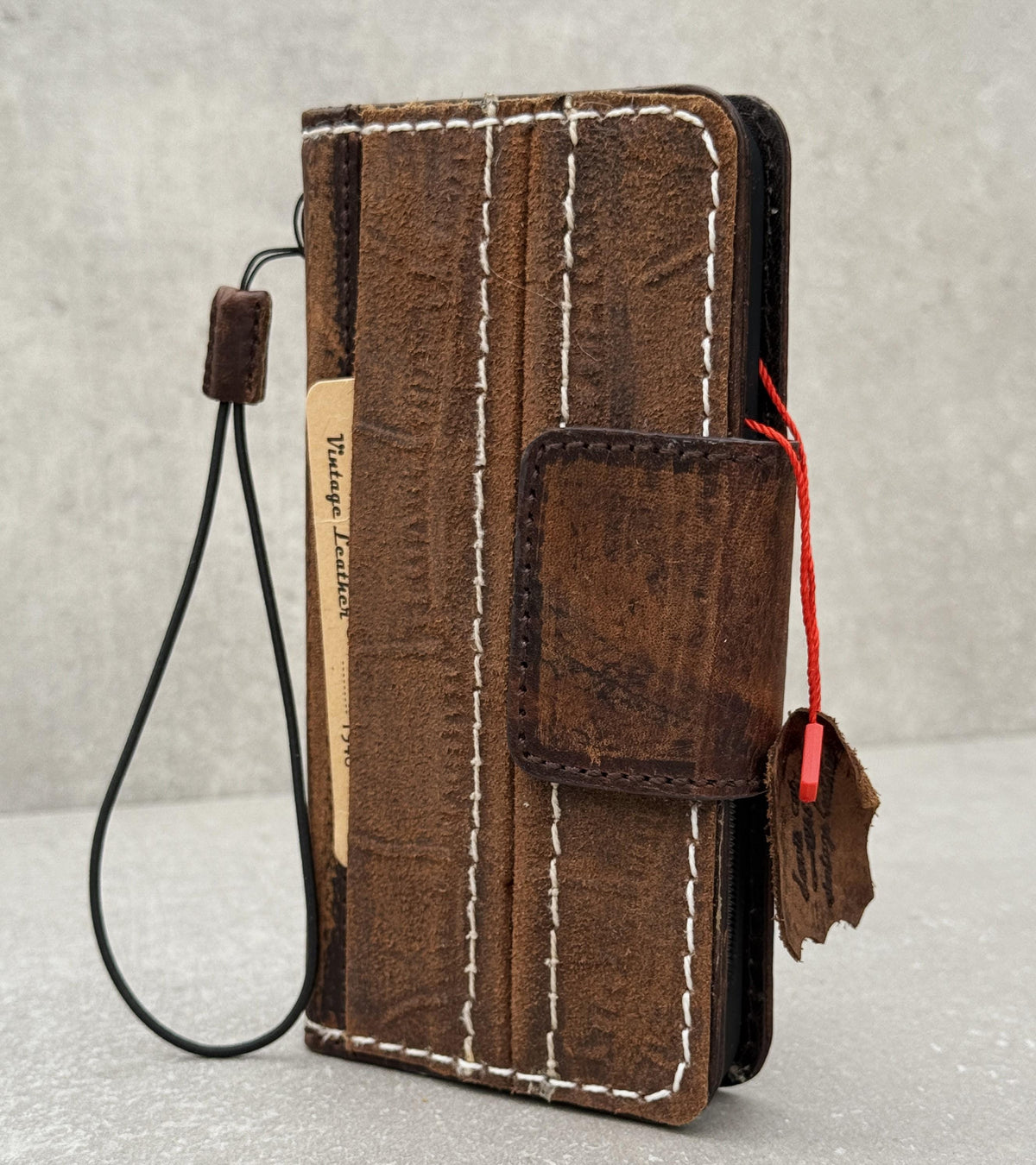 Genuine Leather iPhone Wallet Case: Vintage Book Style, Credit Card Slots
