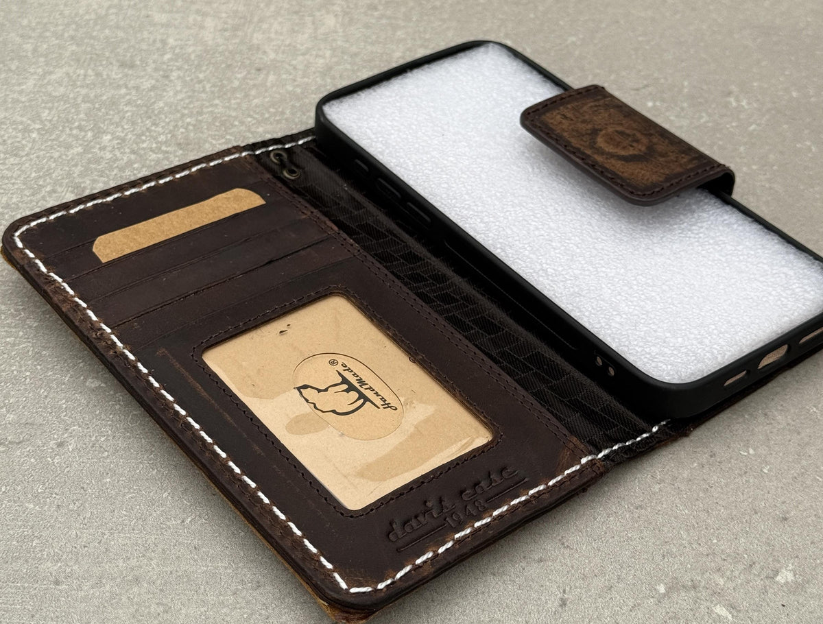 Genuine Leather iPhone Wallet Case: Vintage Book Style, Credit Card Slots