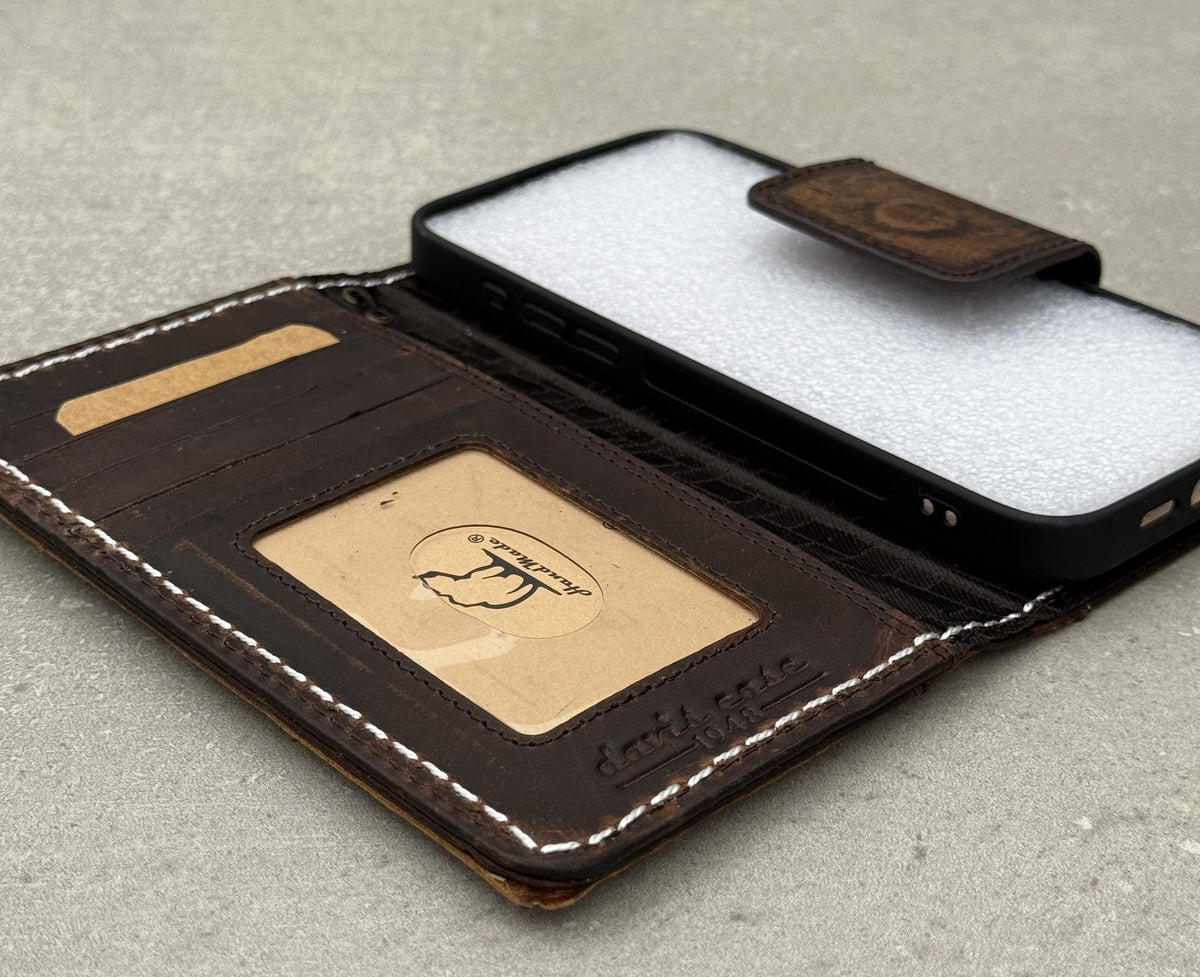 Vintage Leather iPhone Wallet Case: Book Style Cover with Card Slots