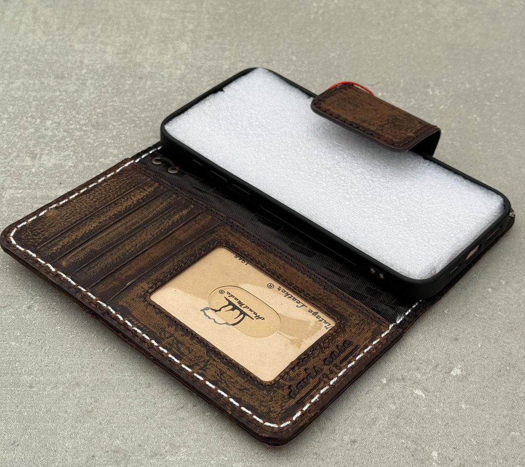 Genuine Leather iPhone Wallet Case: Vintage Book Style, Credit Card Slots