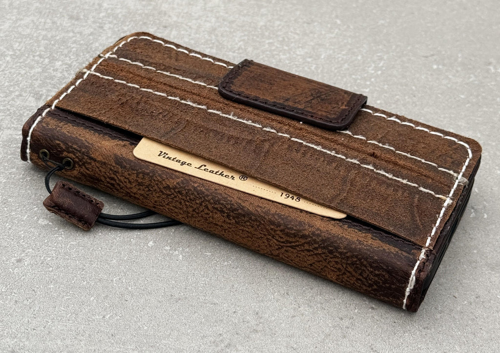 Genuine Leather iPhone Wallet Case: Vintage Book Style, Credit Card Slots
