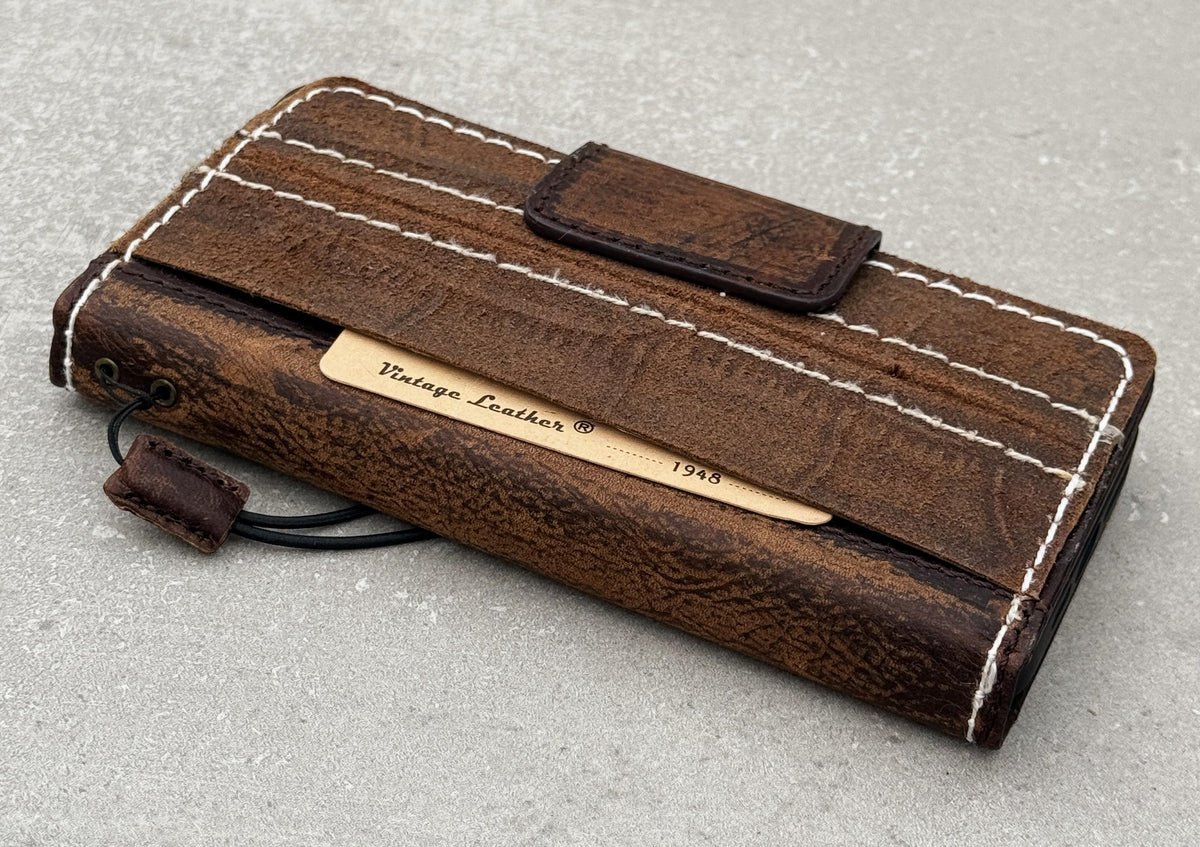 Genuine Leather iPhone Wallet Case: Vintage Book Style, Credit Card Slots