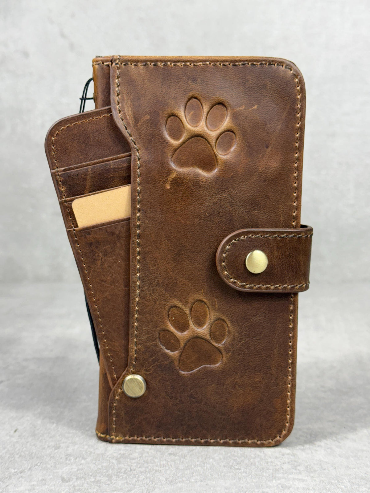 Handmade Leather Galaxy Z Fold Wallet Cover: Paw Stamping Art Design