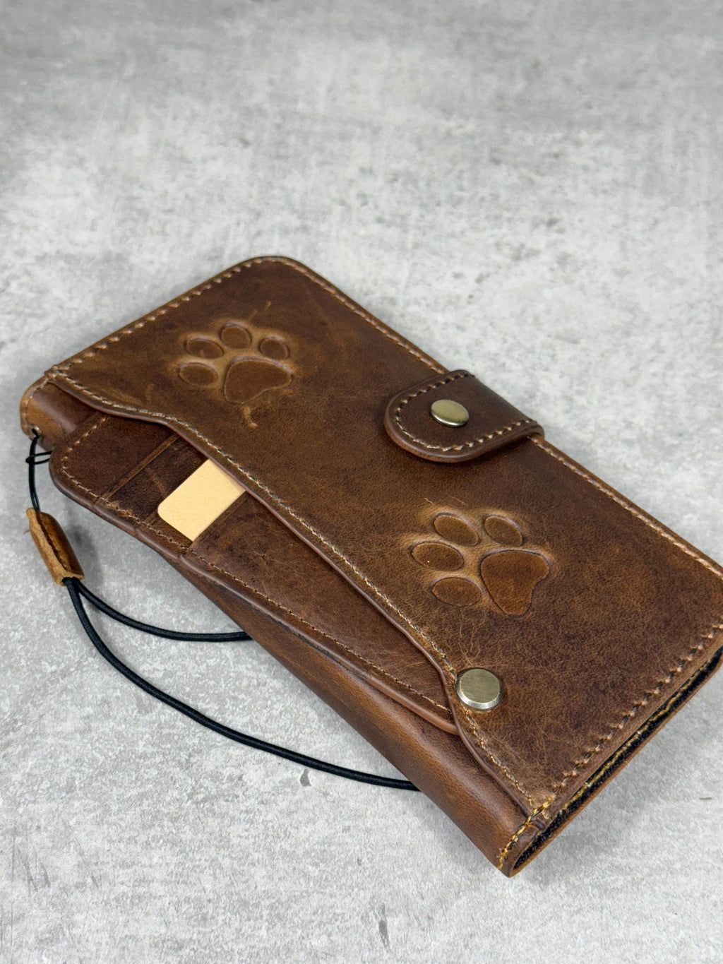 Handmade Leather Galaxy Z Fold Wallet Cover: Paw Stamping Art Design