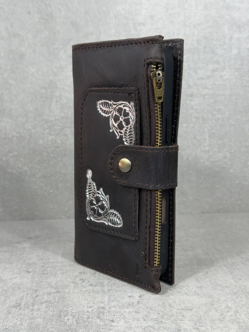 Genuine Leather iPhone Wallet Case: ID Window, Card Slots & Zipper