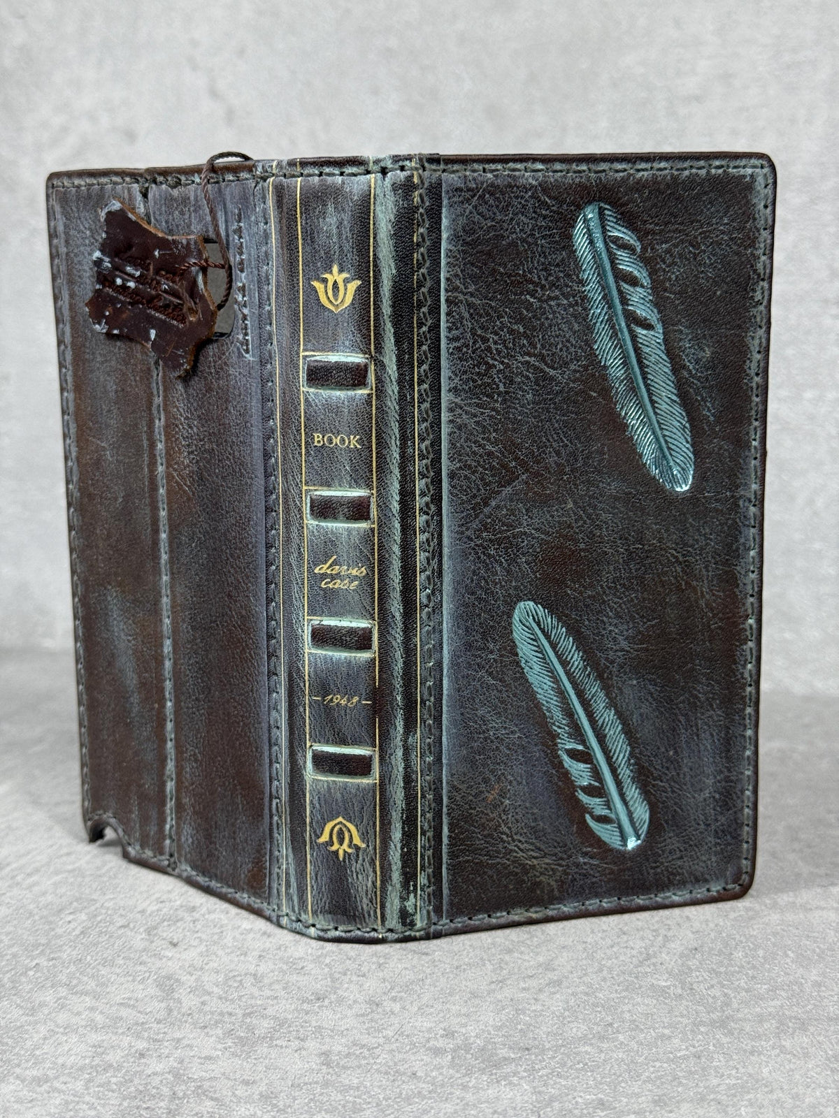 Handmade Leather iPhone Case: Vintage Book Style, Gray Blue