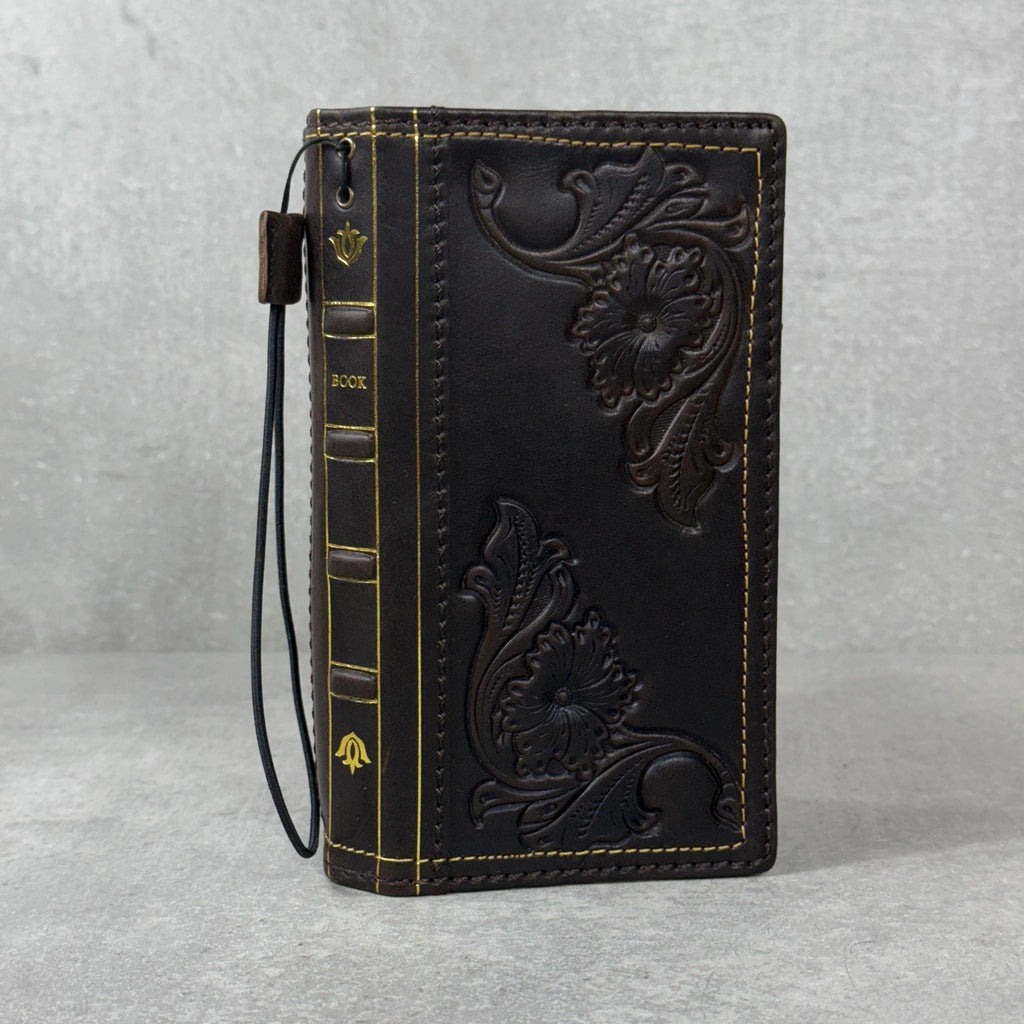 Handmade Leather Wallet Case: Floral Book Design for Galaxy
