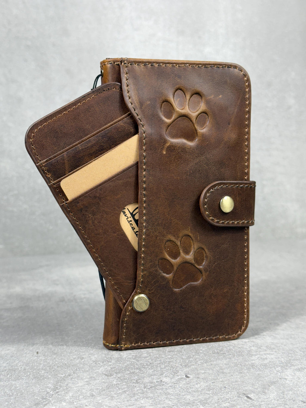 Handmade Leather Galaxy Z Fold Wallet Cover: Paw Stamping Art Design