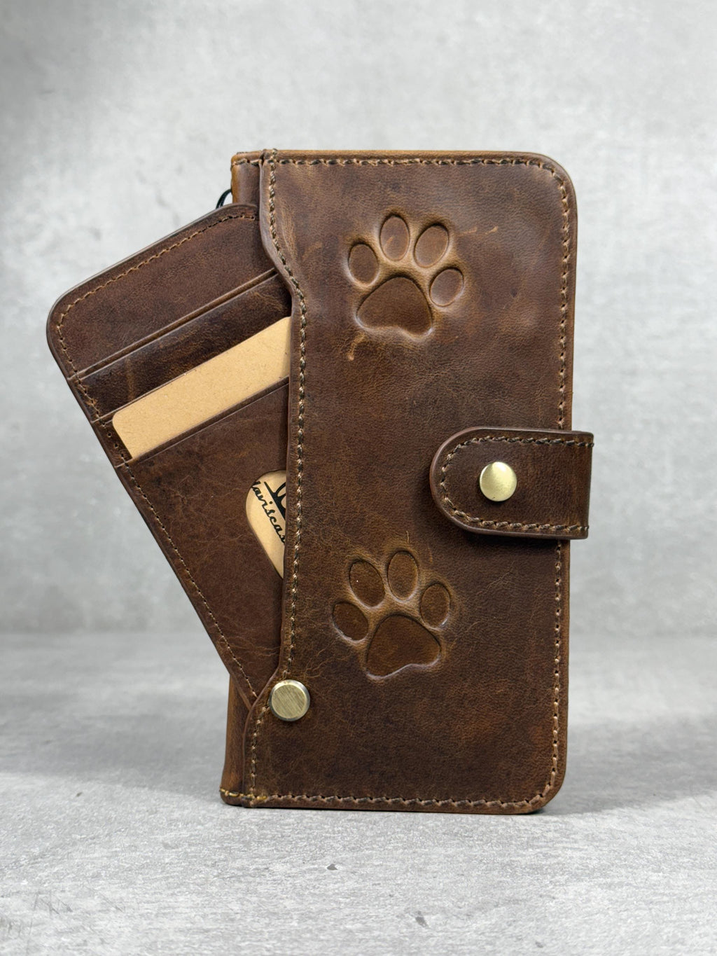 Handmade Leather Wallet Case for Google Pixel Fold: Paw Print Design