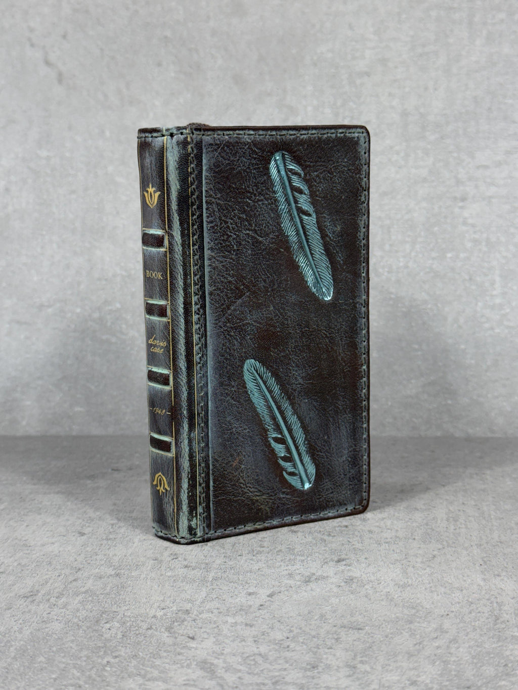 Handmade Leather iPhone Case: Vintage Book Style, Gray Blue