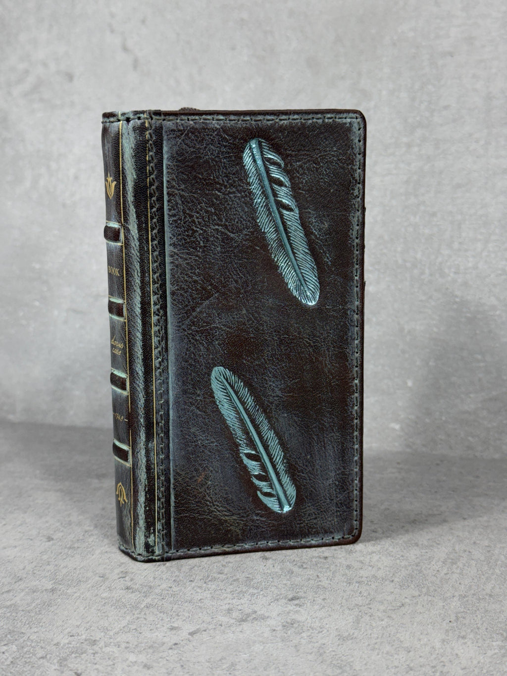 Handmade Leather iPhone Case: Vintage Book Style, Gray Blue