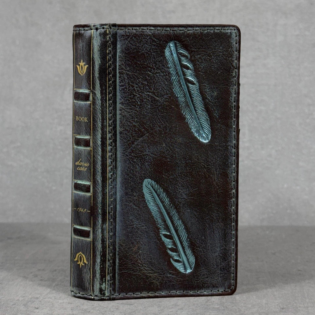 Handmade Leather iPhone Case: Vintage Book Style, Gray Blue