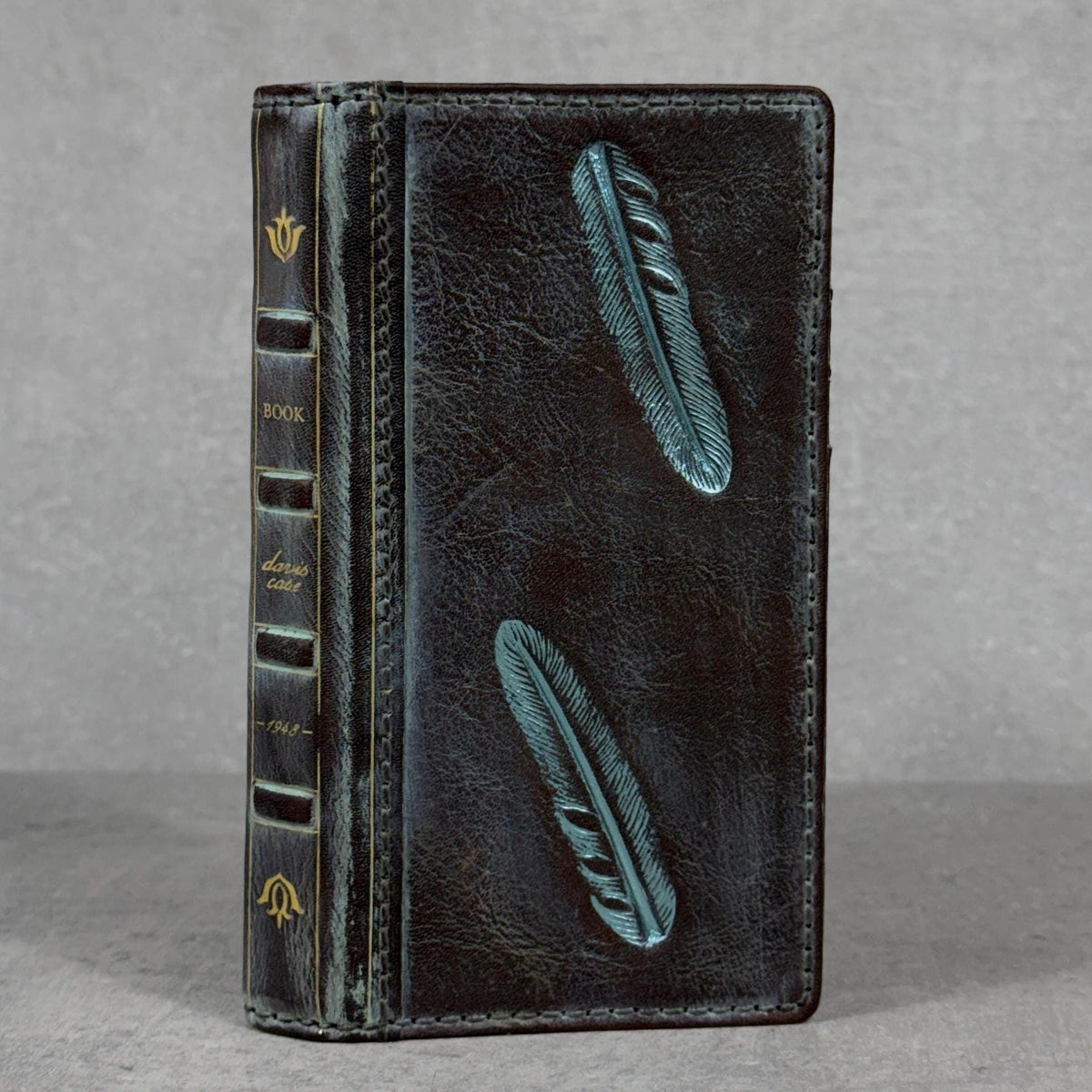 Handmade Leather iPhone Case: Vintage Book Style, Gray Blue