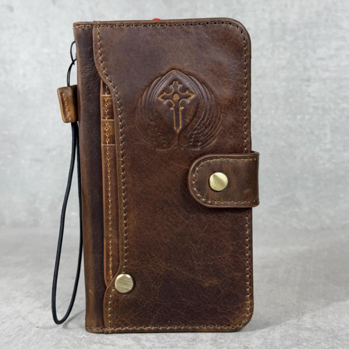 Embossed Leather iPhone Wallet Case: Vintage Book Style - iPhone 11 to 15 Pro Max