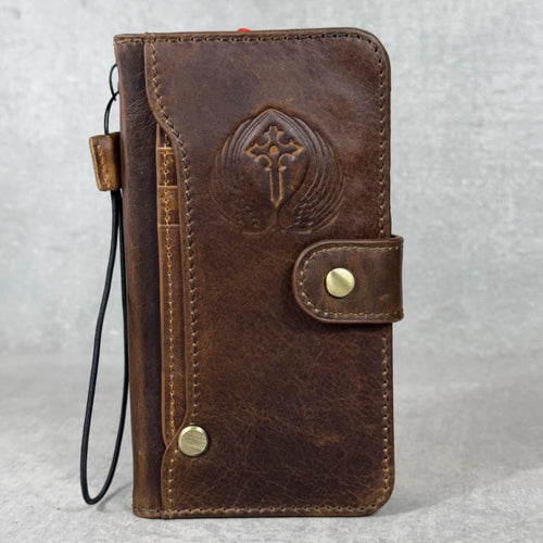 Embossed Leather iPhone Wallet Case: Vintage Book Style - iPhone 11 to 15 Pro Max