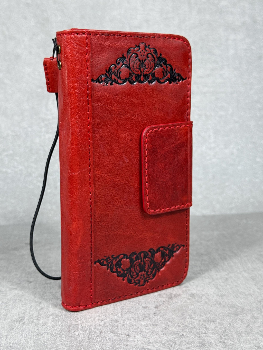 Handmade Leather iPhone Wallet Case: Vintage Stamped Book Cover