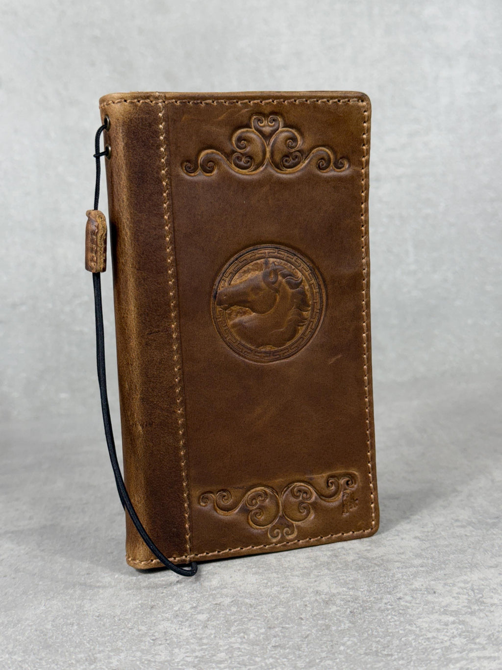 Handmade Leather iPhone Wallet Case: Embossed Art Design