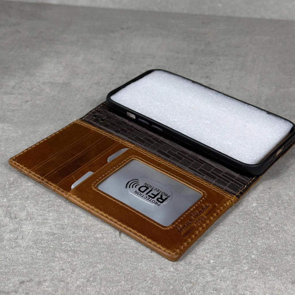 Handmade Leather iPhone Wallet Case: Embossed Art Design