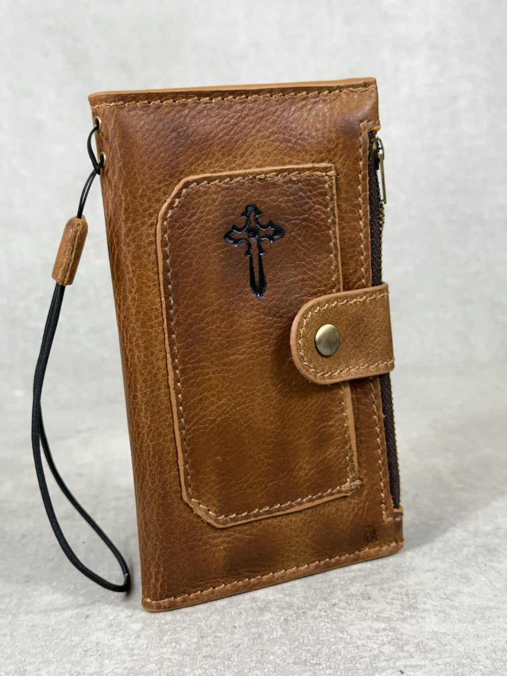 Genuine Leather iPhone Wallet Case: Credit Card Slots & Zipper