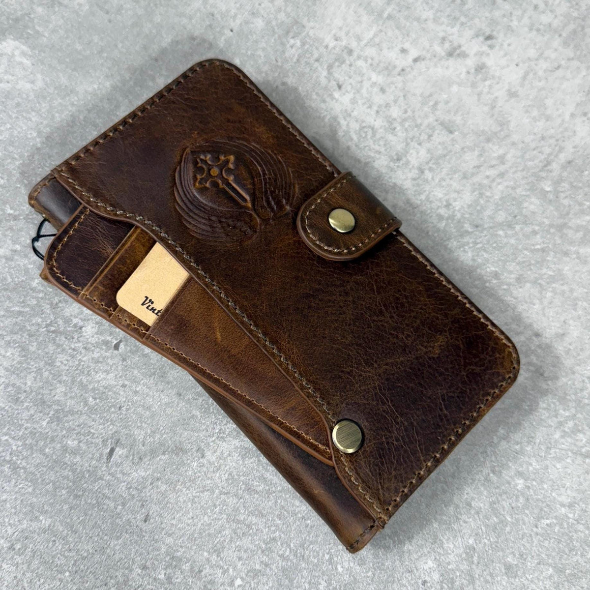 Embossed Leather iPhone Wallet Case: Vintage Book Style - iPhone 11 to 15 Pro Max