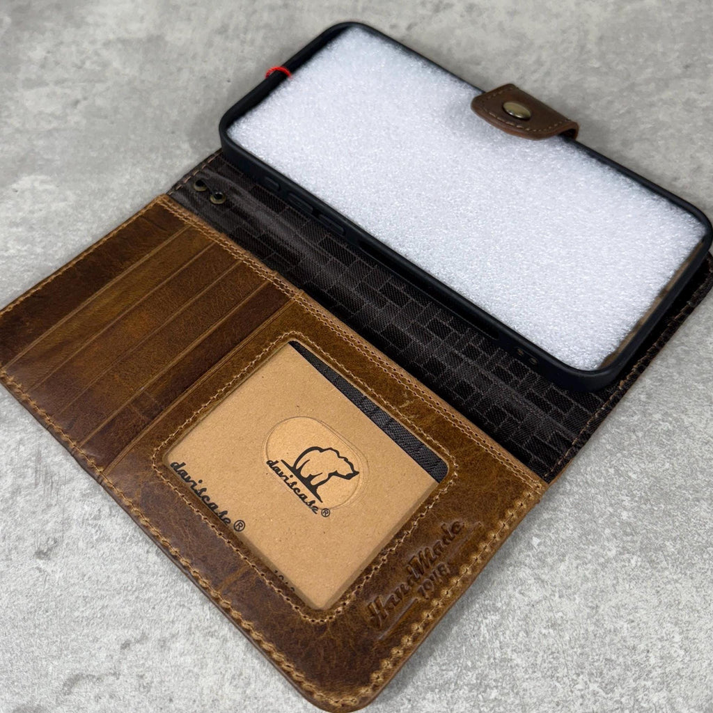 Embossed Leather iPhone Wallet Case: Vintage Book Style - iPhone 11 to 15 Pro Max