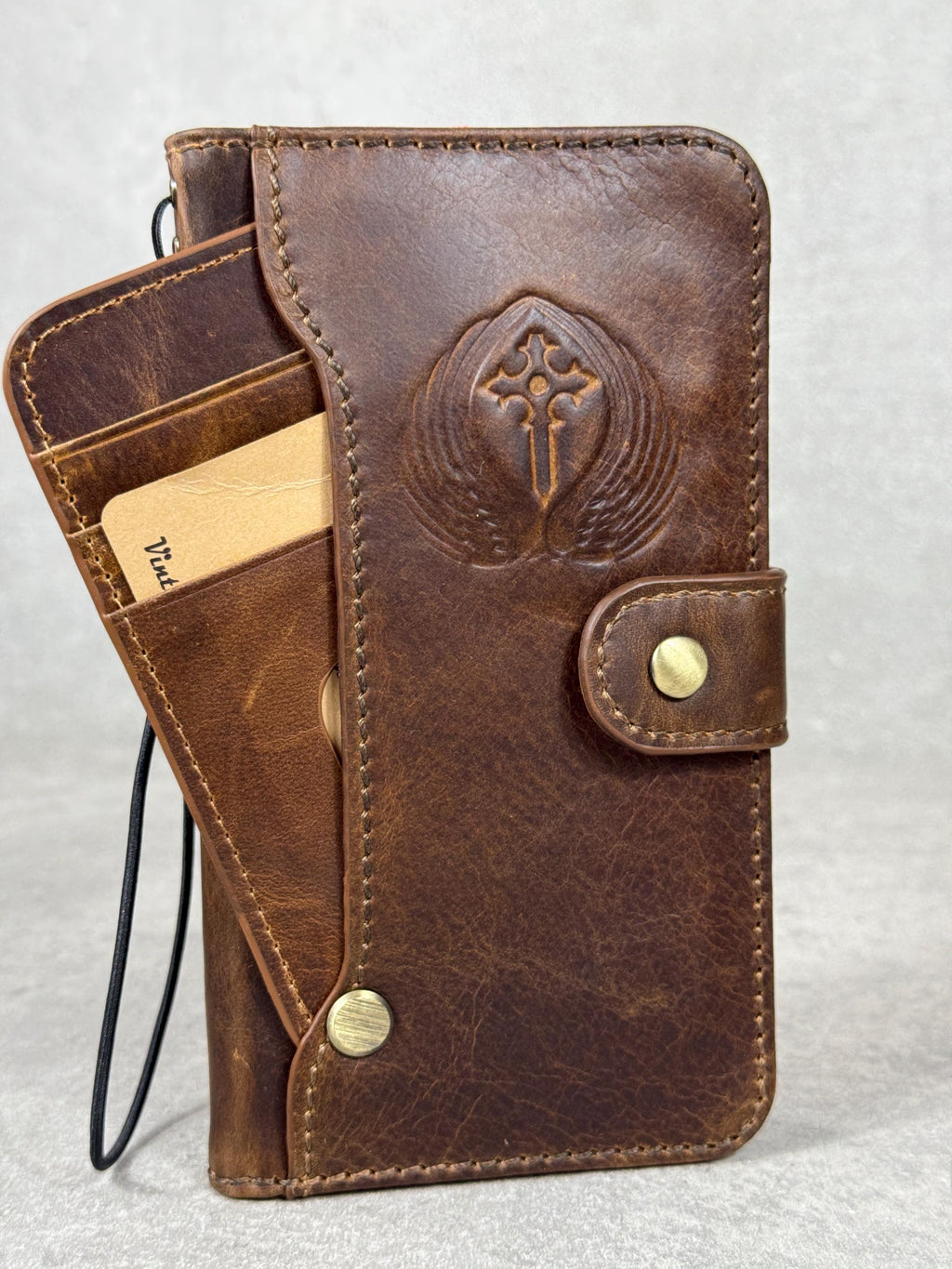 Handmade Leather Galaxy Z Fold Wallet Cover: Embossed Art Design