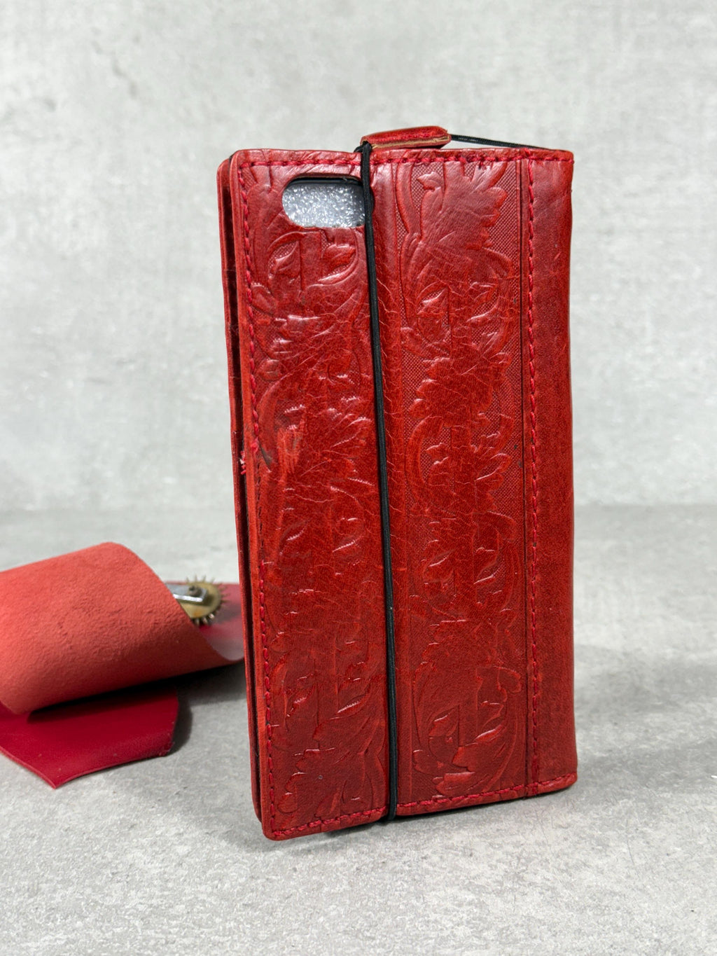 Handmade Leather iPhone Wallet Case: Vintage Stamped Book Cover