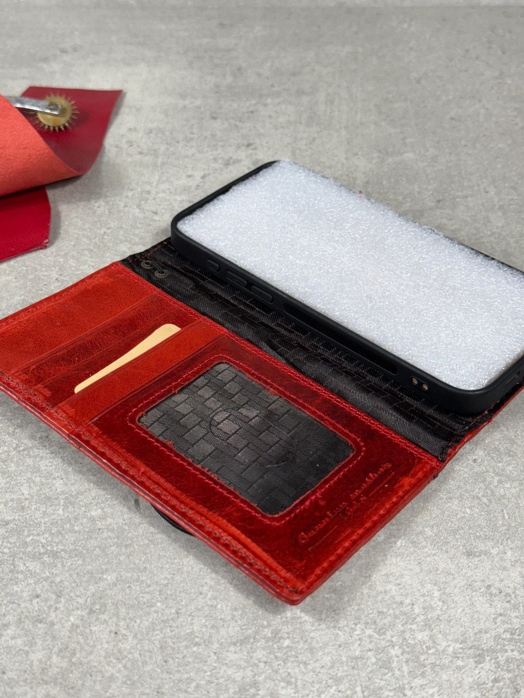 Handmade Leather iPhone Wallet Case: Vintage Stamped Book Cover
