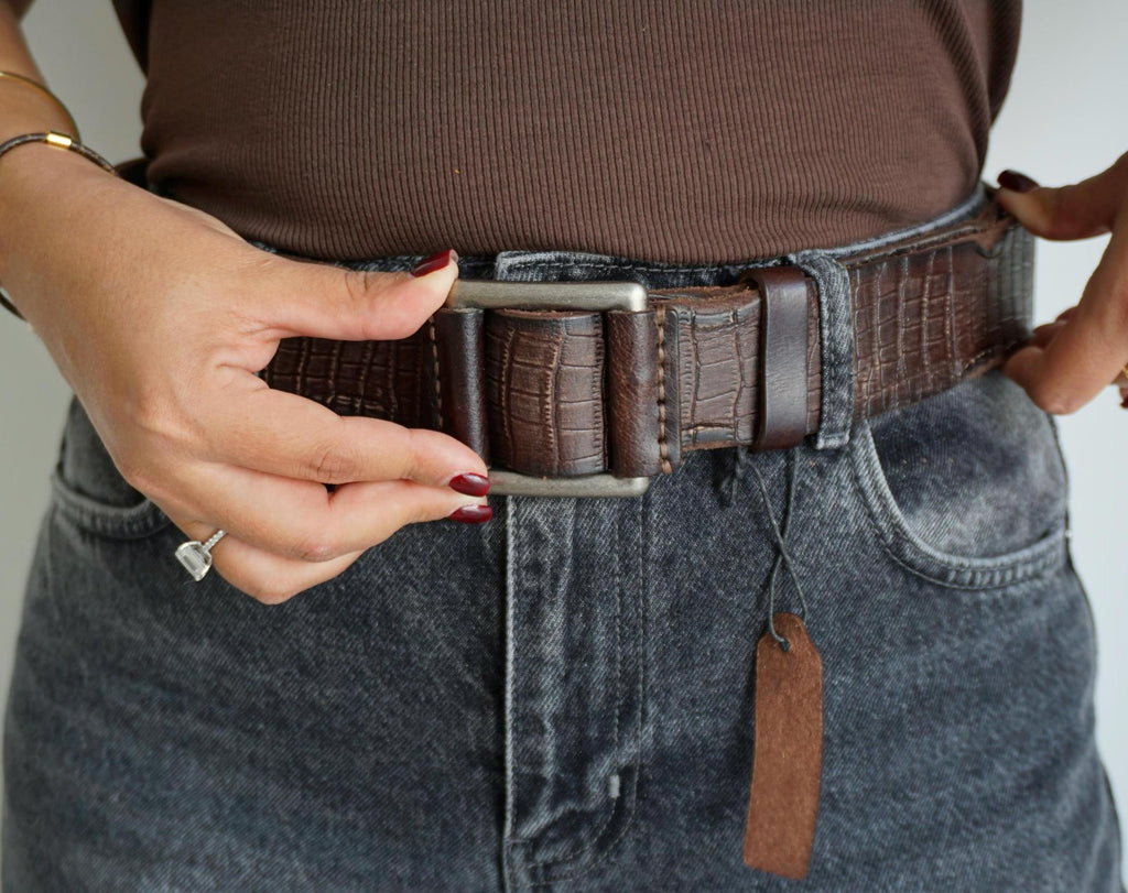 Handmade Brown Leather Belt, Crocodile Look, Limited Edition