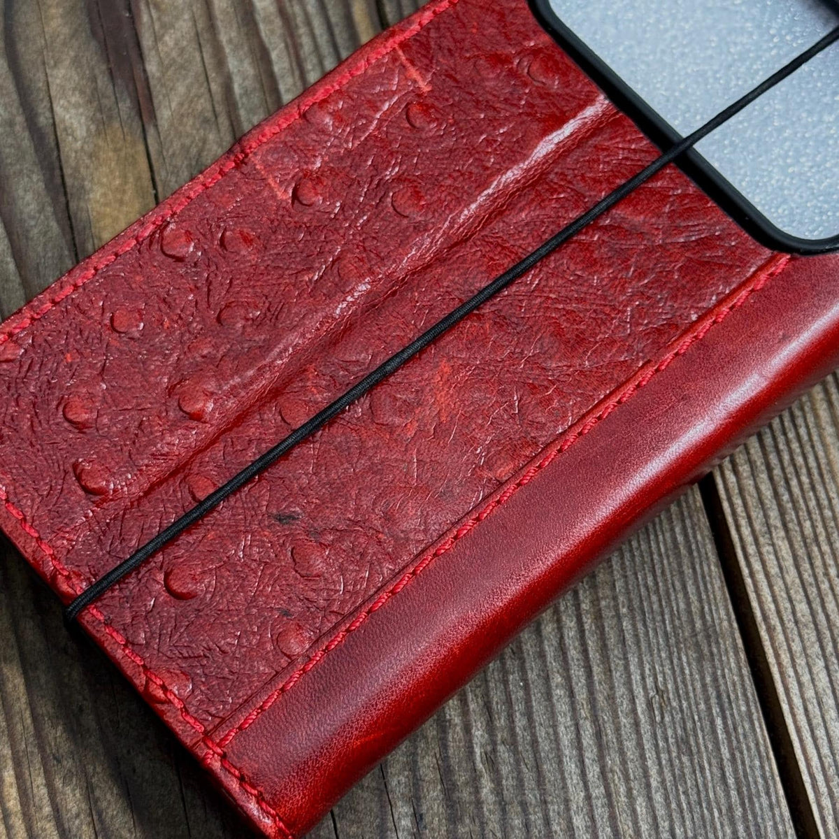 Genuine Leather Galaxy S22 S23 S24 Ultra Wallet Case: Red Heart