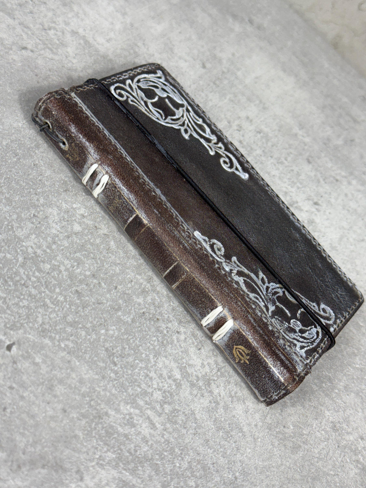 Handmade Leather Phone Wallet: Book Style Cover with Gold Decorations