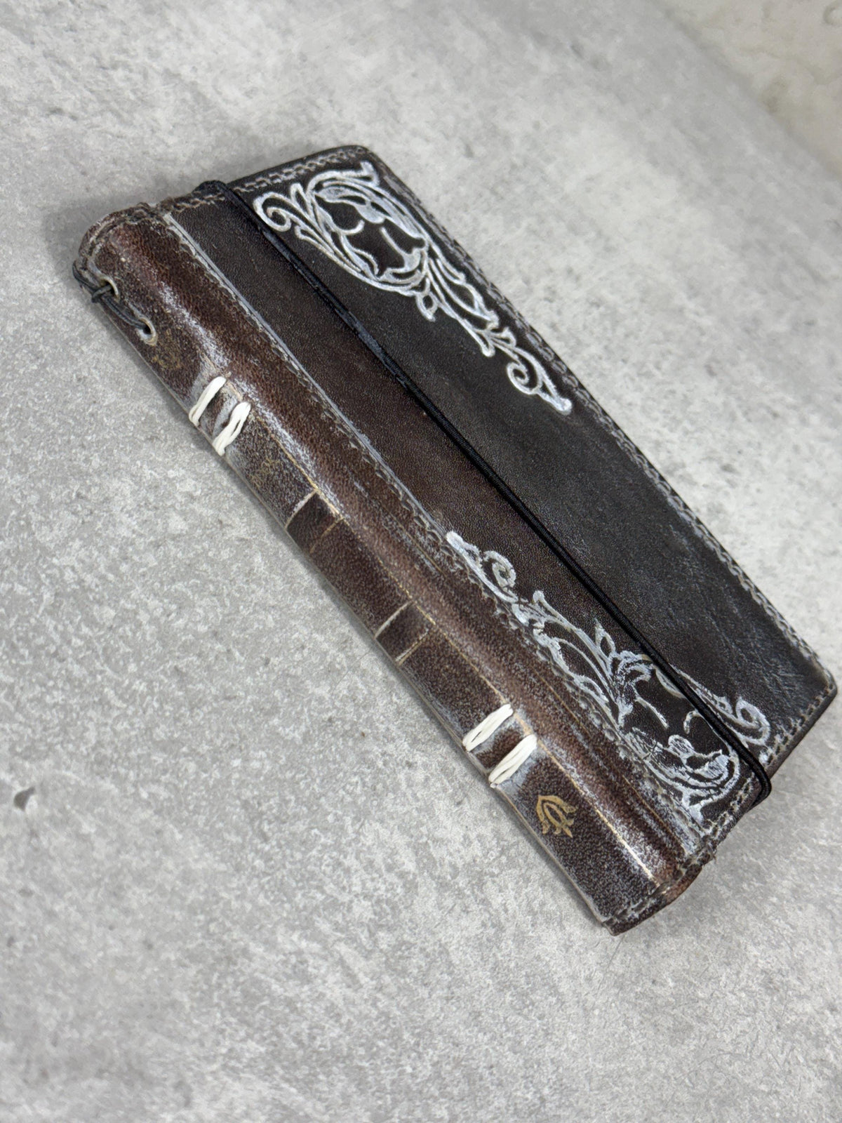 Handmade Leather Phone Wallet: Book Style Cover with Gold Decorations
