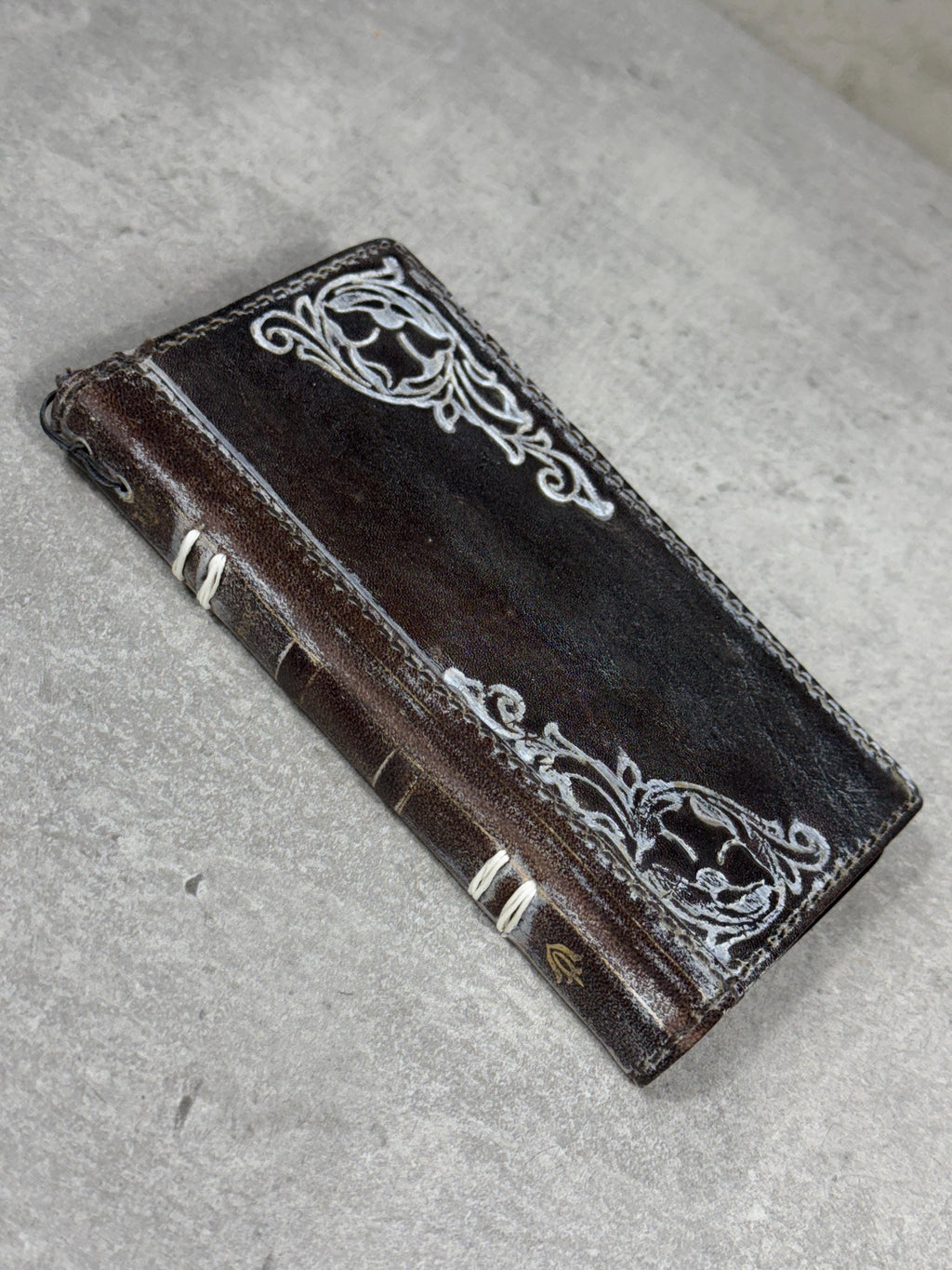 Handmade Leather Phone Wallet: Book Style Cover with Gold Decorations