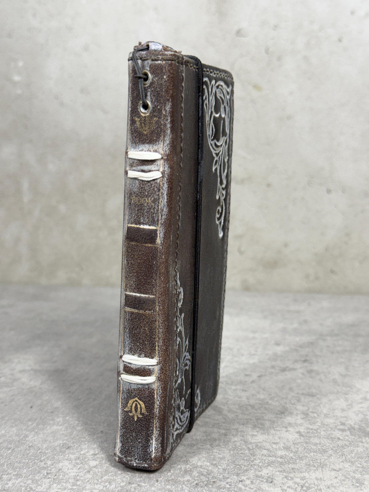 Handmade Leather Phone Wallet: Book Style Cover with Gold Decorations