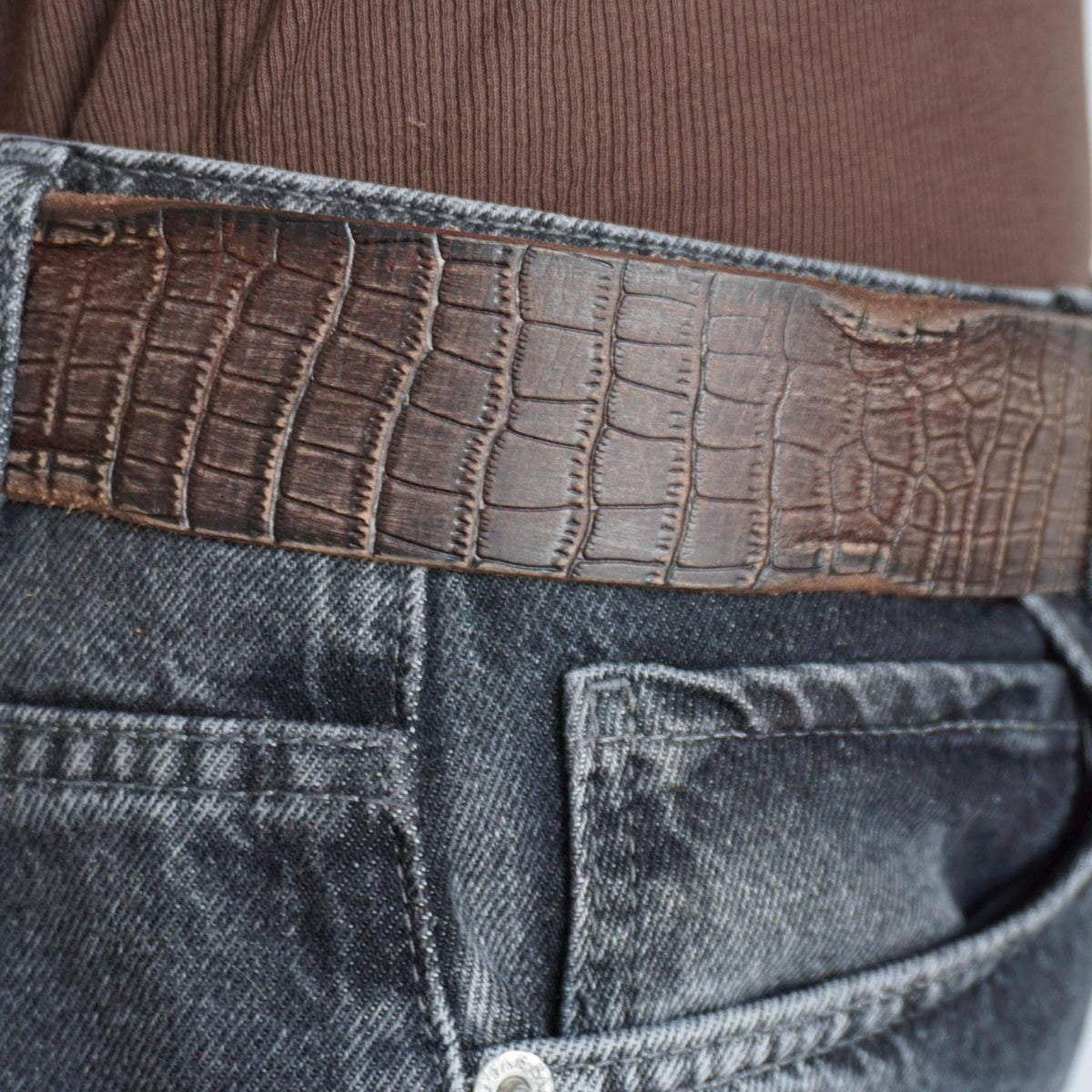 Handmade Brown Leather Belt, Crocodile Look, Limited Edition