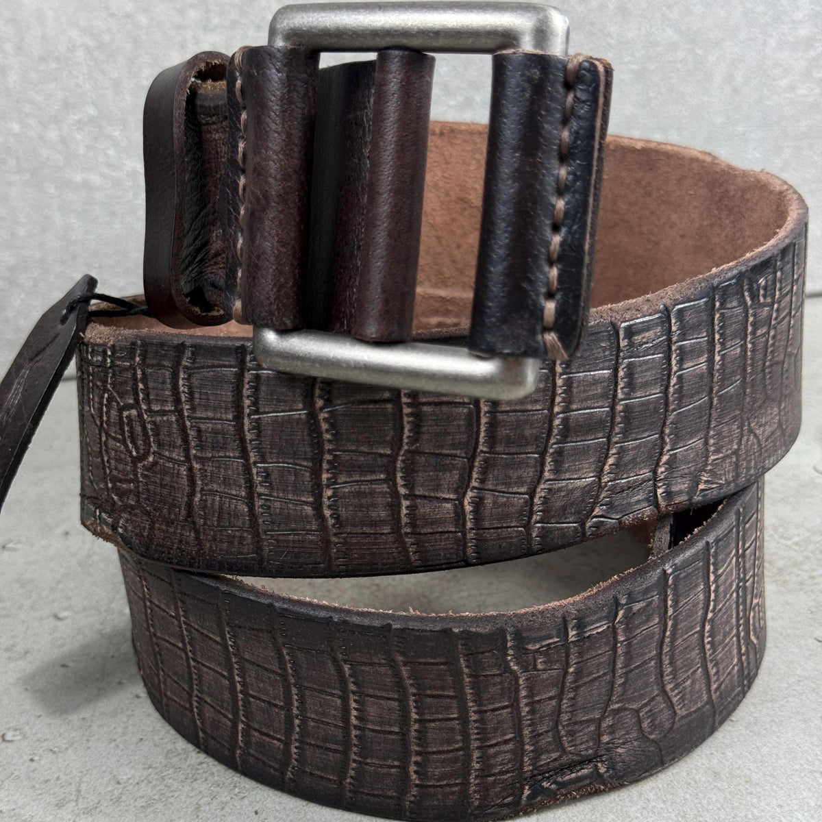 Handmade Brown Leather Belt, Crocodile Look, Limited Edition