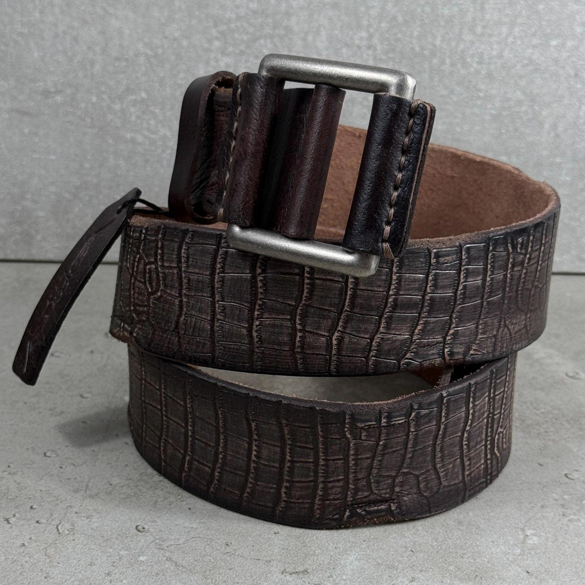 Handmade Brown Leather Belt, Crocodile Look, Limited Edition