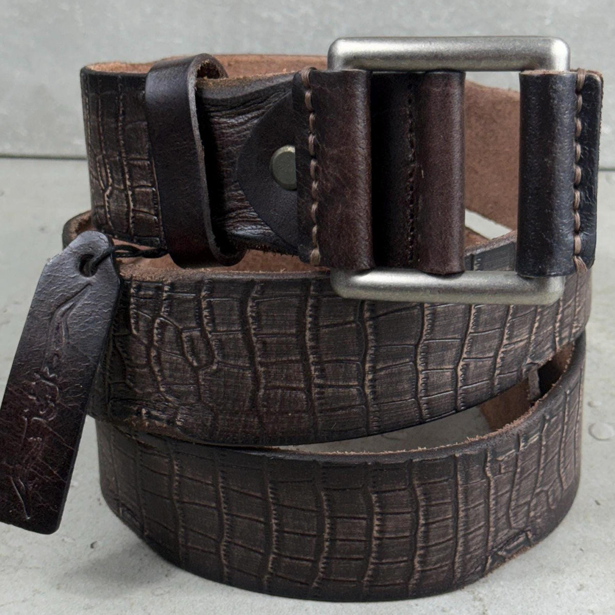 Handmade Brown Leather Belt, Crocodile Look, Limited Edition