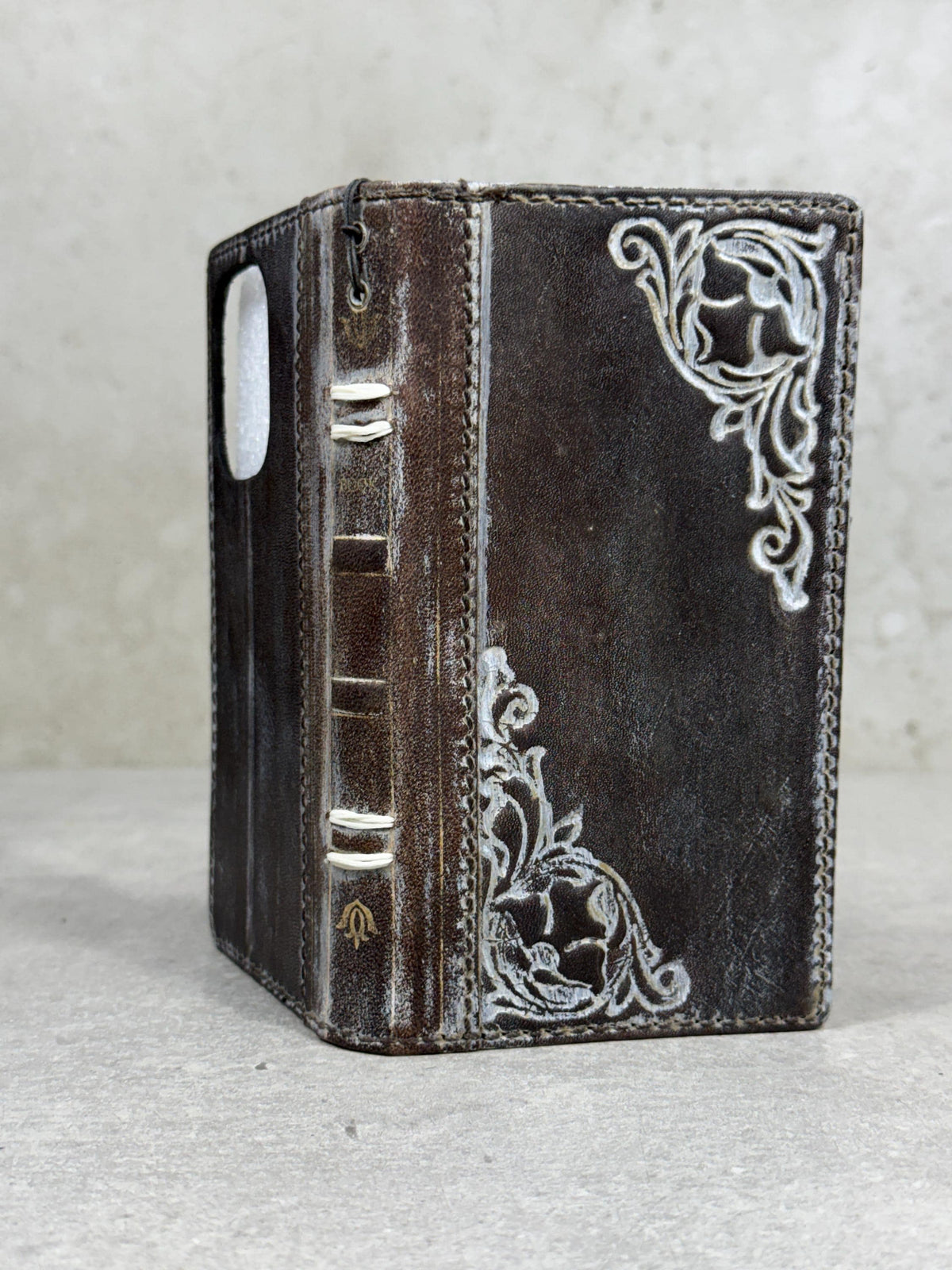 Handmade Leather Phone Wallet: Book Style Cover with Gold Decorations