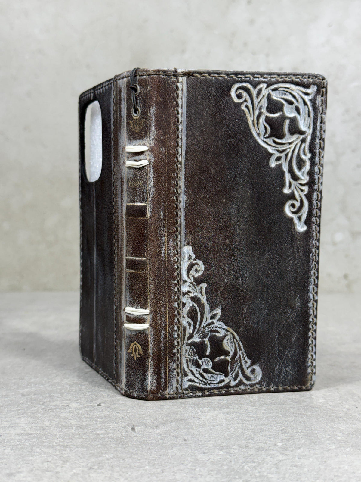 Handmade Leather Phone Wallet: Book Style Cover with Gold Decorations