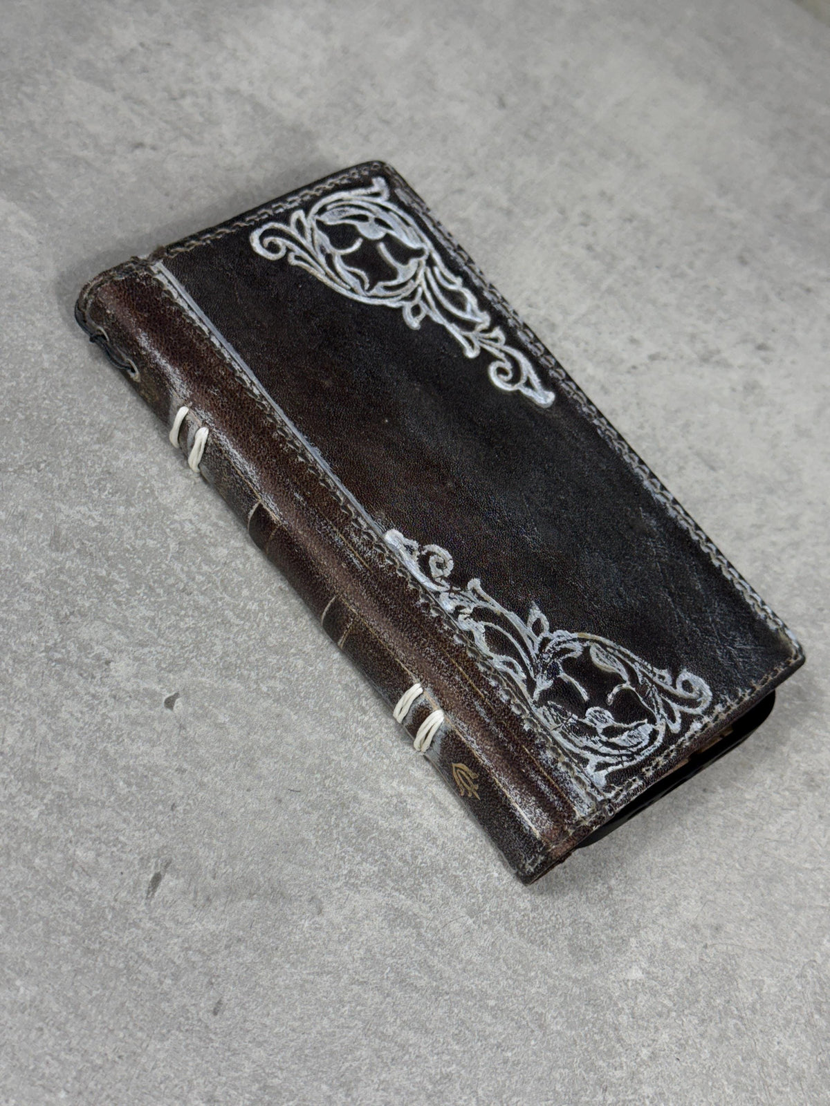 Handmade Leather Phone Wallet: Book Style Cover with Gold Decorations