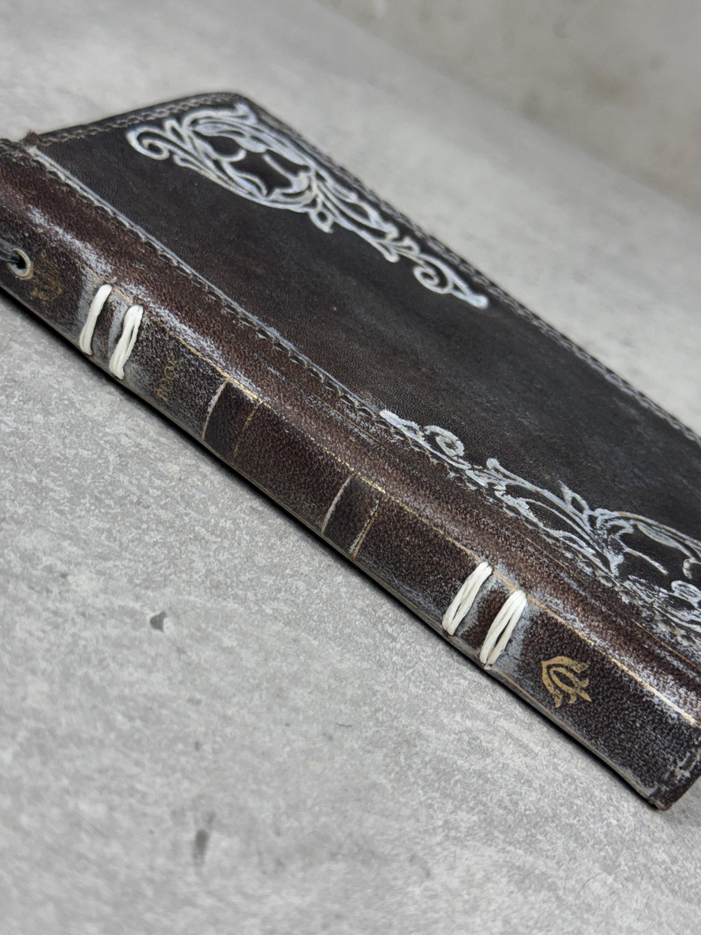 Handmade Leather Phone Wallet: Book Style Cover with Gold Decorations